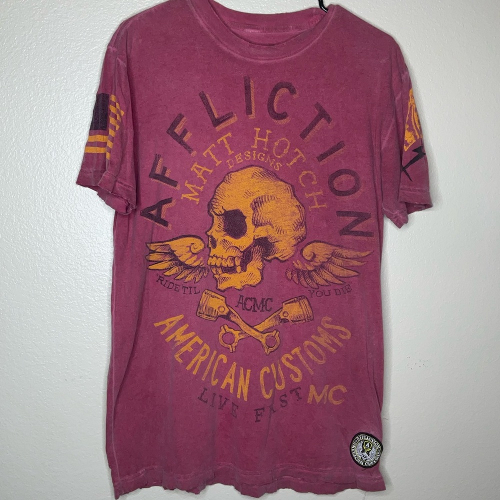 Affliction Red Yellow Skull Short Sleeve Red Shirt Size Large